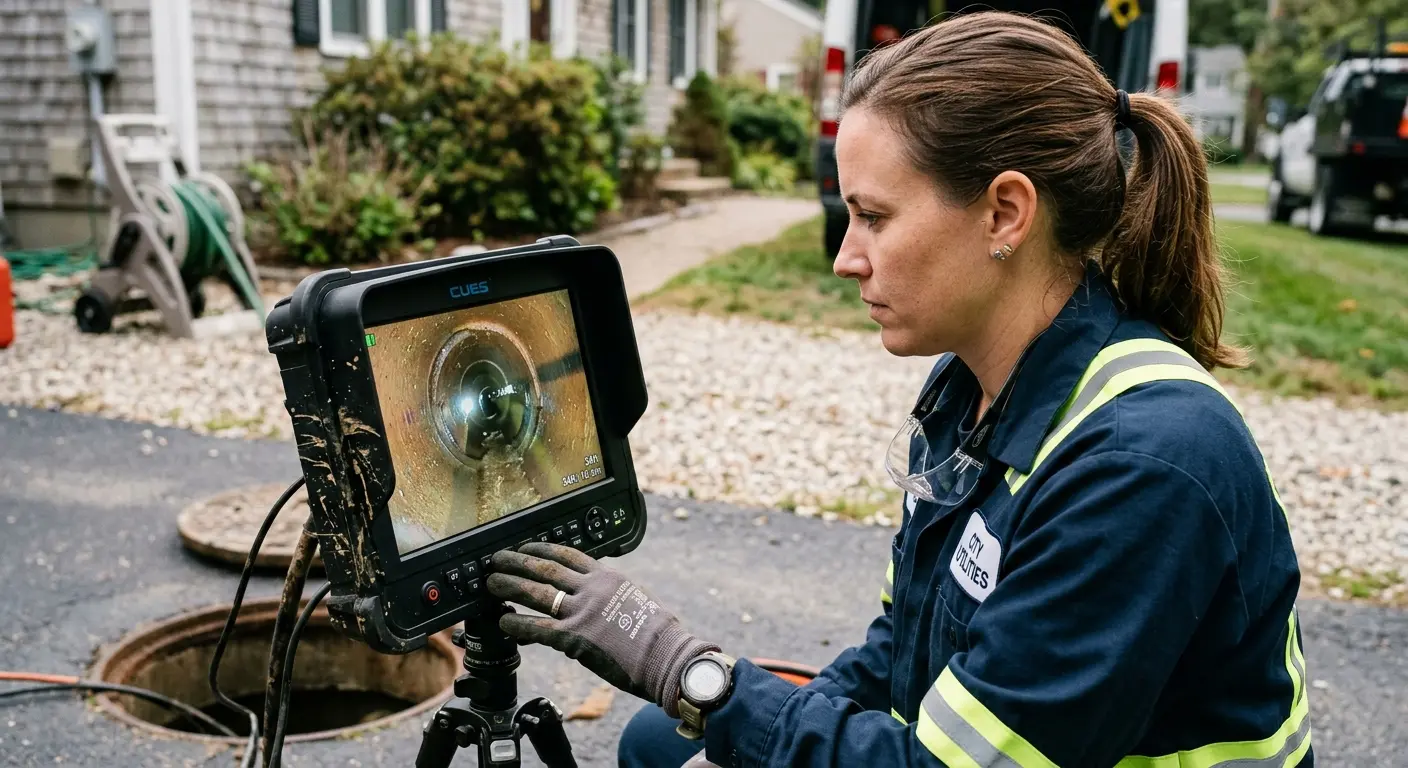 Technician reviewing sewer camera inspection footage in Jeffersonville