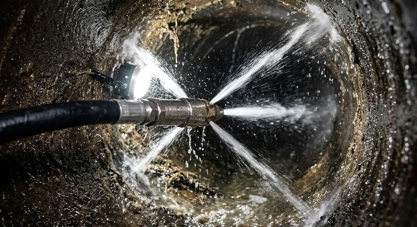 High-pressure hydro jetting nozzle cleaning sewer pipe for Trenchless Sewer Repair in Jeffersonville