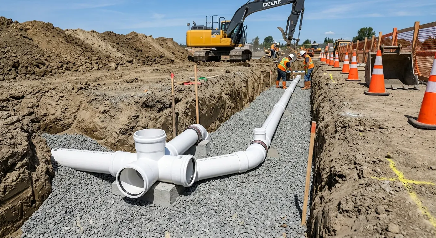 New PVC sewer pipe installation in open trench for Sewer Backup in Jeffersonville