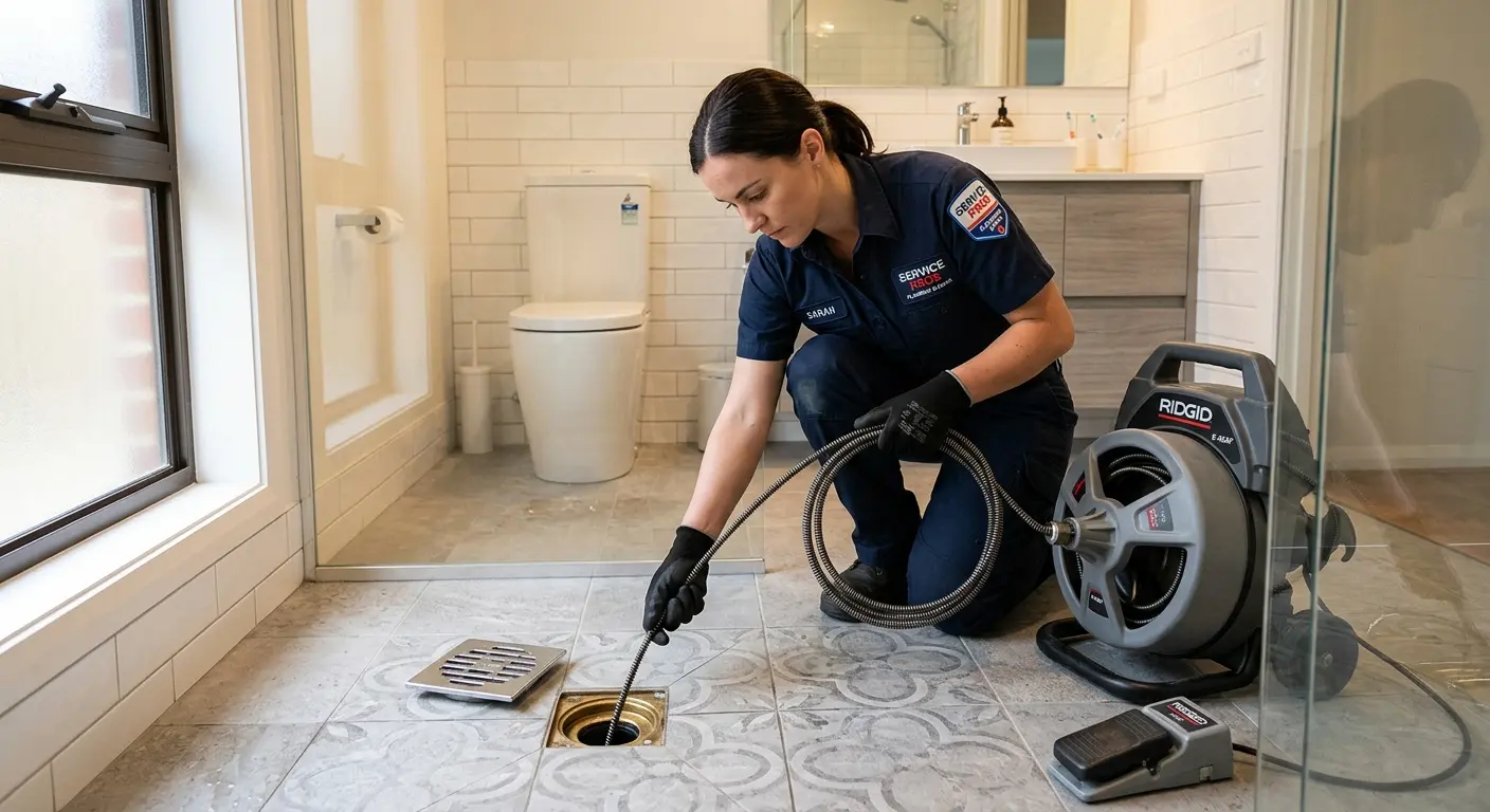 Technician clearing a bathroom floor drain for Drain Cleaning in Jeffersonville